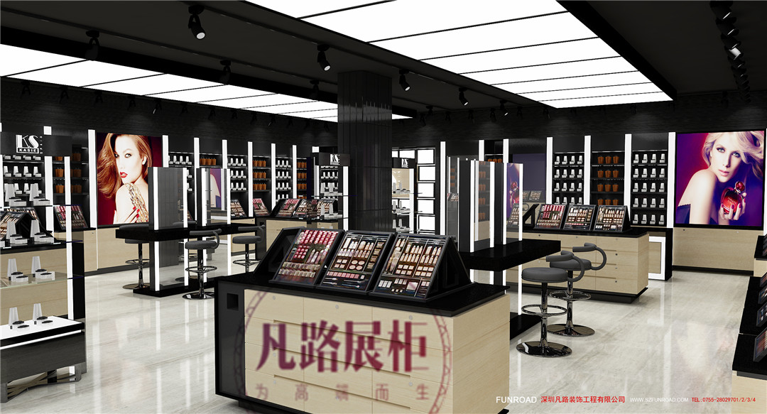 Judy剛果化妝品店內部化妝品展柜，化妝品柜臺設計效果圖