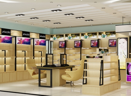 訂制，木質(zhì)化妝品展示柜臺(tái)實(shí)體店陳列效果圖