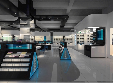 香港免稅化妝品店，化妝品展示柜臺現(xiàn)場效果圖