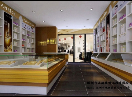 品牌店美妝木質(zhì)烤漆化妝品展示柜臺設(shè)計(jì)效果圖-可來圖訂制