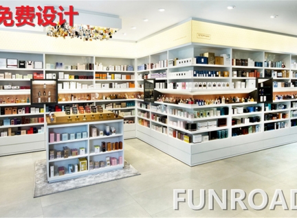 商場店面木質烤漆化妝品展示柜臺設計陳列效果圖-可來圖訂制