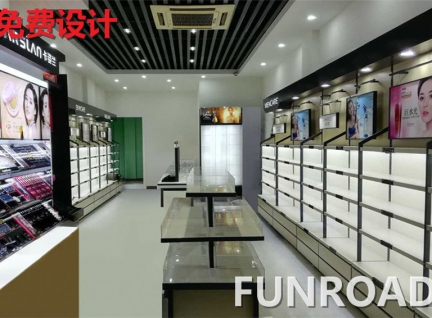 現(xiàn)場化妝品柜臺展示效果，展示柜實(shí)物效果圖