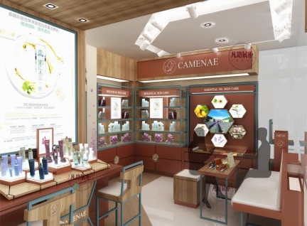 三套同風格而店鋪類型不同的化妝品展柜效果圖