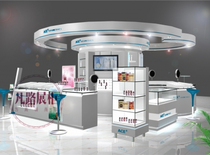 商場圓形吊頂中島化妝品展亭設計制作效果圖