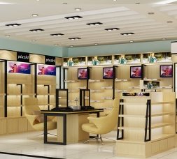 訂制，木質(zhì)化妝品展示柜臺(tái)實(shí)體店陳列效果圖