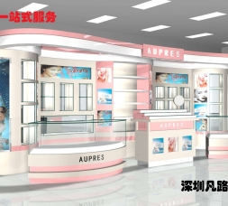 輕奢主題化妝品店現代流向型柜臺設計制作效果圖
