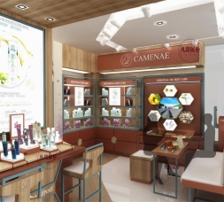 三套同風格而店鋪類型不同的化妝品展柜效果圖